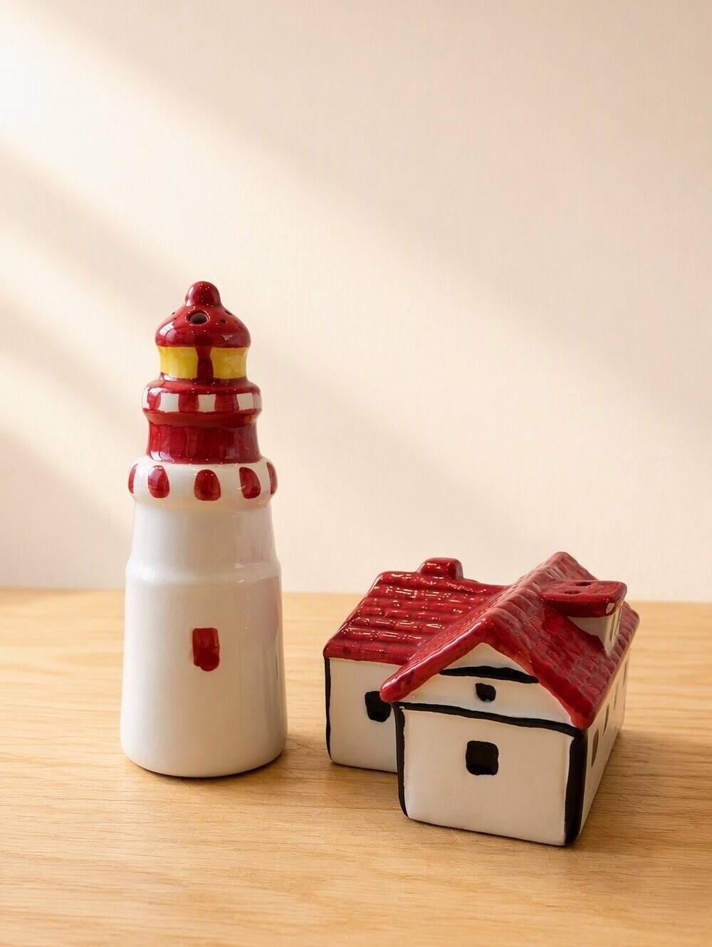 Hand-Painted Ceramic Lighthouse and Cottage Salt & Pepper Set - Red and White